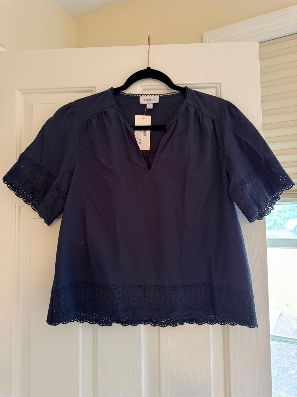Evereve Navy Eyelet Trim Short Sleeve Blouse